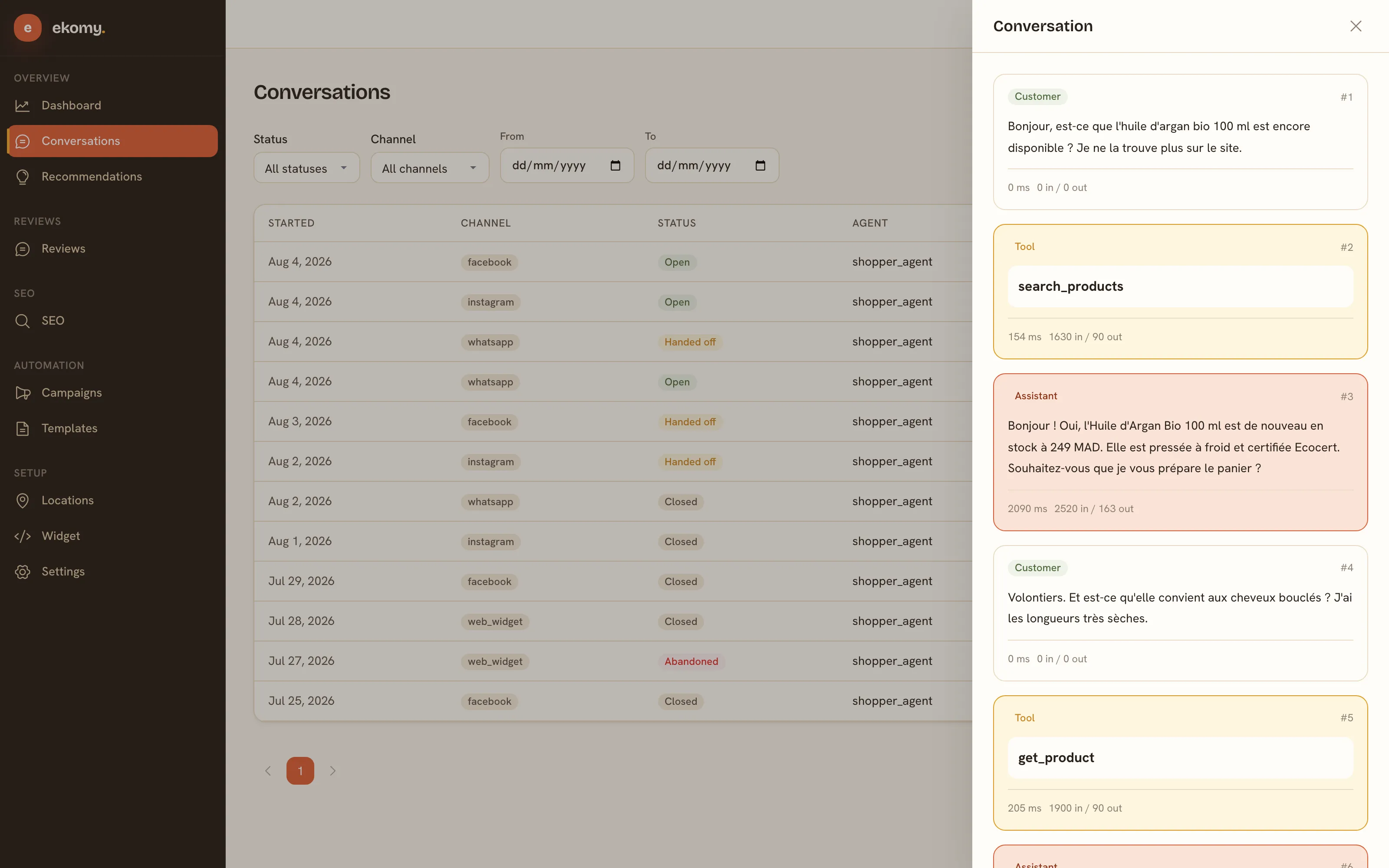 Ekomy inbox showing the conversations list with Messenger, Instagram and WhatsApp channels, with a customer conversation open alongside.